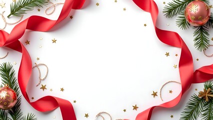 Festive Red Ribbon Christmas Frame Background with Ornaments, Snowflakes, and Evergreen Decorations for Holiday Cards, Invitations, and Seasonal Promotions.

