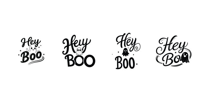 Set of Playful Hey Boo Halloween Text Designs with Cute Ghosts and Bats  Spooky Holiday Typography