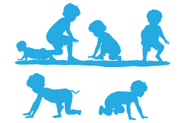 Diverse Group of Children Playing and Crawling in Black Silhouette Style on White Background silhouette This image showcases