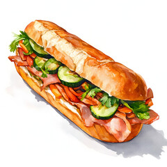 A fresh watercolor painting of a Vietnamese Banh Mi sandwich.