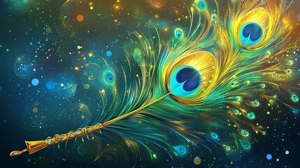 Elegant Peacock Feather on Blue Background for Janmashtami Card