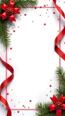 Festive Red Ribbon Christmas Frame Background with Ornaments, Snowflakes, and Evergreen Decorations for Holiday Cards, Invitations, and Seasonal Promotions.
