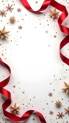 Festive Red Ribbon Christmas Frame Background with Ornaments, Snowflakes, and Evergreen Decorations for Holiday Cards, Invitations, and Seasonal Promotions.
