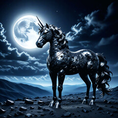 Majestic Metallic Unicorn Under Moonlit Sky