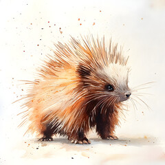 A watercolor painting of a porcupine with spiky quills.
