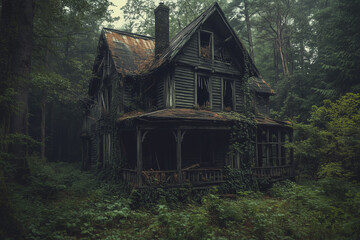 A creepy dilapidated wooden house in the muddy countryside