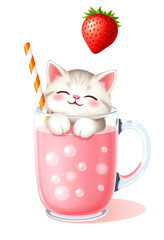 Adorable Kitten in a Strawberry Milkshake
