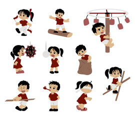 A lively illustration set of Indonesian children playing traditional Independence Day games, such as sack race, cracker-eating contest, and tug of war, for cultural events and festive designs.
