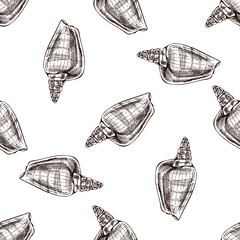 Hand drawn vintage seamless pattern of cone shaped seashell in brown ink engraving style, ocean sketch illustration