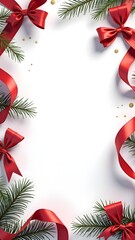 Festive Red Ribbon Christmas Frame Background with Ornaments, Snowflakes, and Evergreen Decorations for Holiday Cards, Invitations, and Seasonal Promotions.
