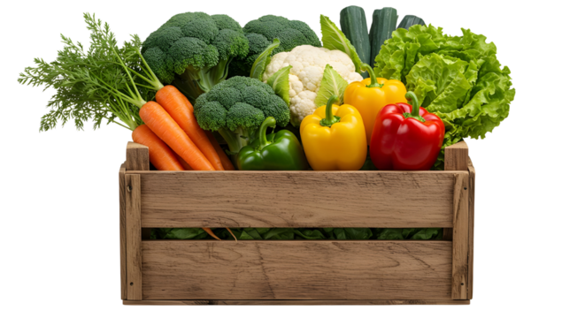 PNG Fresh Harvest of Mixed Vegetables in Wooden Crate Isolated on white background