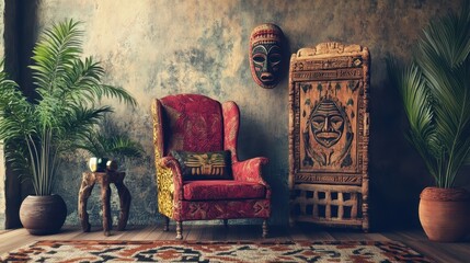 African Furniture. Vintage Living Room in Ethnic Style with Retro Armchair and Grunge Mask Decor