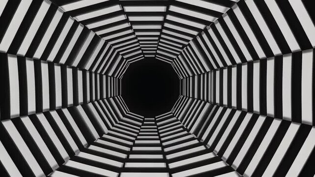 Spinning geometric wormhole pattern in optical illusion animation with black white contrast
