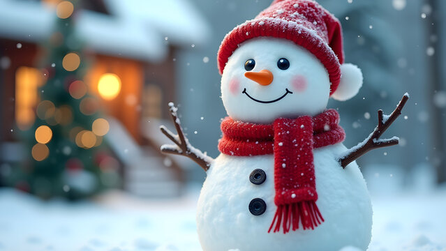A snowman in a red hat and scarf standing in the snow in front of a house with a christmas tree