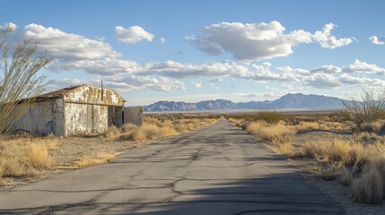 Abandoned Highway in Mojave Desert, Southern California. Route Through Arid Landscape