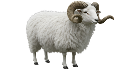 White sheep with curled horns with thick wool PNG Isolated on White Background