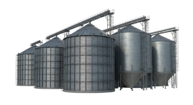 PNG Grain Silos on Modern Farm Isolated on White Background