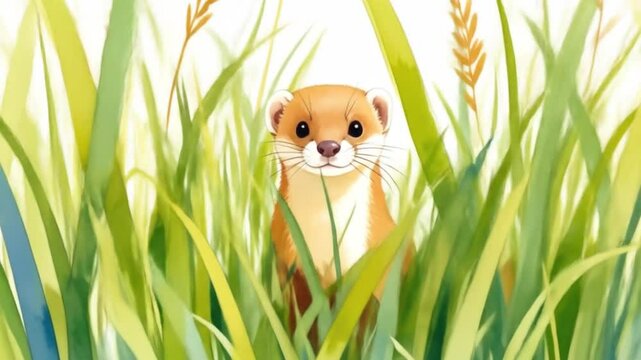 Cute weasel hidden in tall grass
