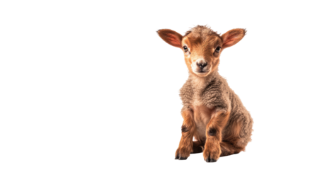 Adorable baby goat, sitting, focused gaze