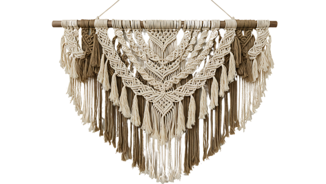 Beige and brown macrame wall hanging isolated on transparent background