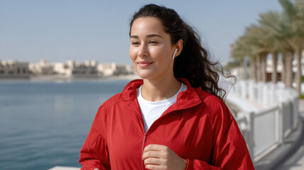 An overweight Arabian woman doing workout running a diet program