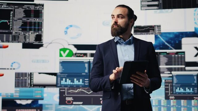 Business expert reflecting on monthly performance metrics on dashboards for a new growth strategy, analyzing the financial situation and reports of the company. Digital tools. Camera B.