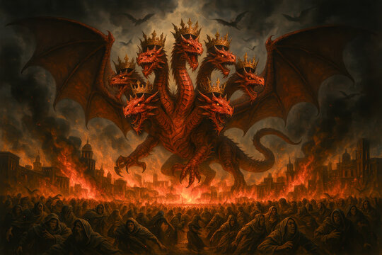 Seven-Headed Dragon with Crowns Over Burning City &ndash; Biblical End Times Prophecy of Revelation and Apocalyptic Destruction