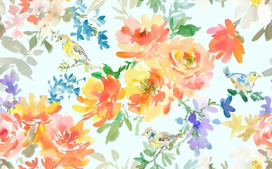 Seamless pattern of abstract orange peonies, birds and wild flowers painted in watercolor. Floral wallpaper pattern in watercolor. Spring and summer  botanical textile design for wedding invitations.