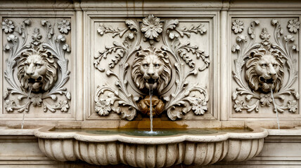 The image showcases a classically designed stone wall fountain with intricately carved lion-head spouts and ornamental patterns, evoking historical European elegance and craftsmanship, crafted from ag