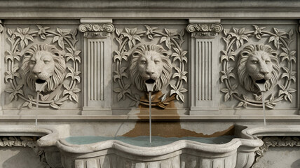 The image showcases a classically designed stone wall fountain with intricately carved lion-head spouts and ornamental patterns, evoking historical European elegance and craftsmanship, crafted from ag
