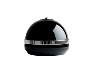 Sleek black spherical object with a metallic band