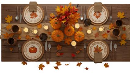 Autumn thanksgiving table setting isolated on transparent background
