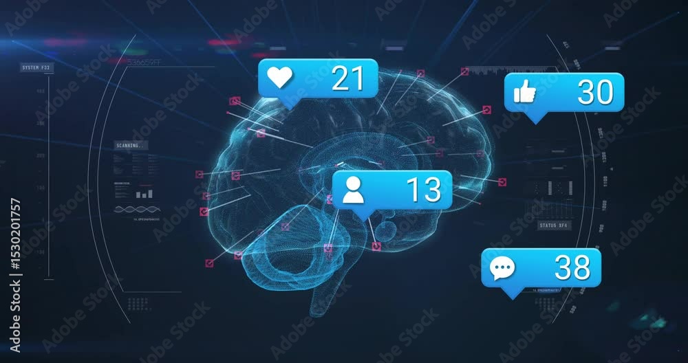 Poster at start holographic brain rotating notification bubbles updating counts for visualizing metrics