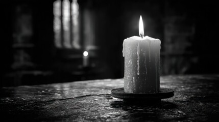 Single candle lit in dark interior