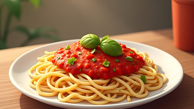 spaghetti with tomato sauce and vegetables on a wooden table. AI-Generated