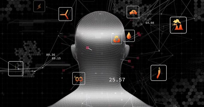 Fog drifting wireframe head rotating showing plug icon emerging and eco icons updating data