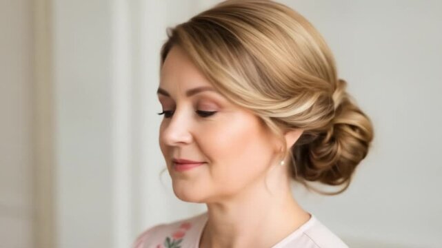 Portrait of a woman with blonde hair in a bun and floral shirt 4k video