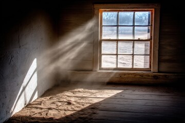 Golden Sunlight Streaming Through Barn Window Illuminate Dust in Rustic Interior Space