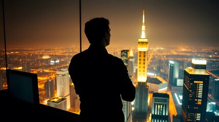 Obraz na płótnie Canvas Man silhouette cityscape looking out window at night skyscraper business success view