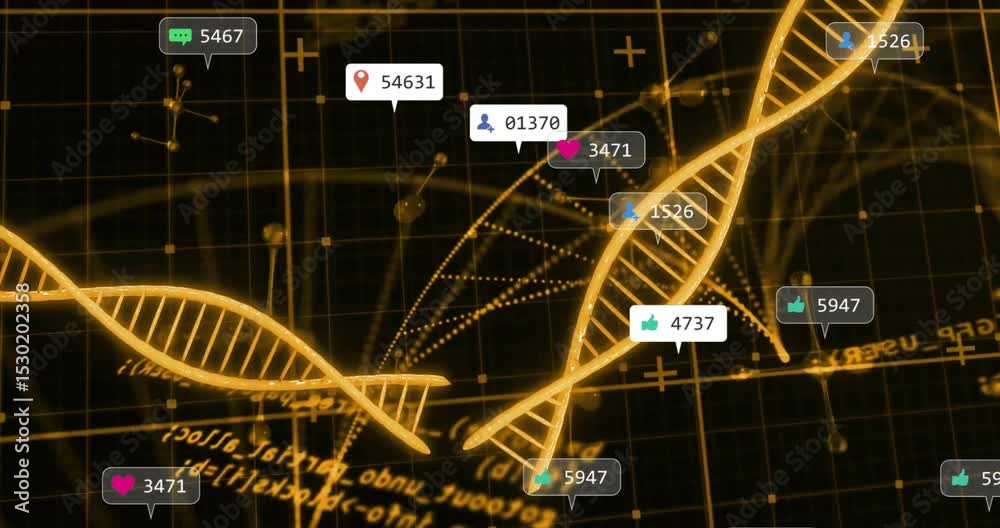 Poster on grid appearing golden helix emerging and rotating as icons rising clustering conveying data flow