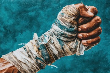 Urban Mural of a Raised Fist Wrapped in Bandages Against a Turquoise Background