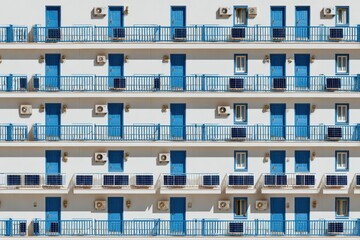 White hotel building facade with balconies and blue doors against clear sky background