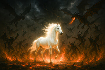 White Horse in Fire Surrounded by Demons and Dragons – Biblical Revelation End Times Vision of Divine Victory and Light Over Darkness