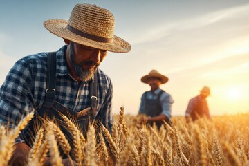 Farmers Collaborating During Harvest in Golden Wheat Field at Sunset
