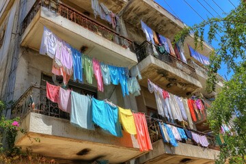 Colorful Laundry Hanging on Balconies of a White Apartment Building in a Bright Environment