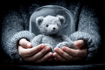 Artistic Concept of Glowing Invisible Dome Above a Soft Teddy Bear in Gentle Hands
