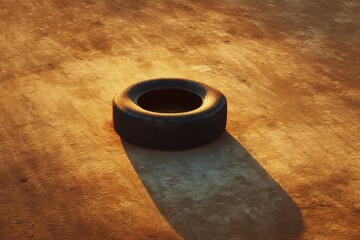 Artistic Silhouette of a Tire on Ground During Summer Sunset with Warm Lighting Effects