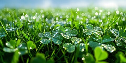 close-up of clover leaves in the lower field level, with a soft blur of the full landscape behind leading to the horizon, glistening moisture from morning dew, fine leaf textures, realistic