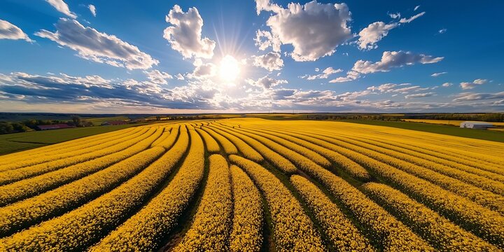 an expansive landscape of canola fields in full bloom, vibrant yellow stretching across rolling hills, white clouds casting soft shadows over the crops, distant farmhouses visible, clean horizon