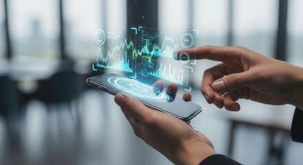 Mobile data analysis app hand touching interface stock market investment finance technology business
